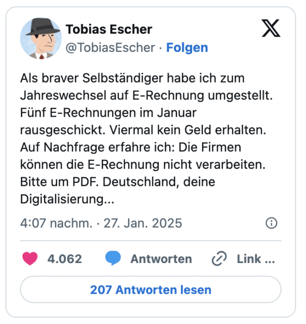Als braver Selbständiger habe ich zum Jahreswechsel auf E-Rechnung umgestellt. Fünf E-Rechnungen im Januar rausgeschickt. Viermal kein Geld erhalten. Auf Nachfrage erfahre ich: Die Firmen können die E-Rechnung nicht verarbeiten. Bitte um PDF. Deutschland, deine Digitalisierung...

