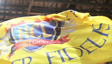 Wehende gelbe Fahne der Fans des HC Leipzig mit HCL-Wappen. Foto: Jan Kaefer