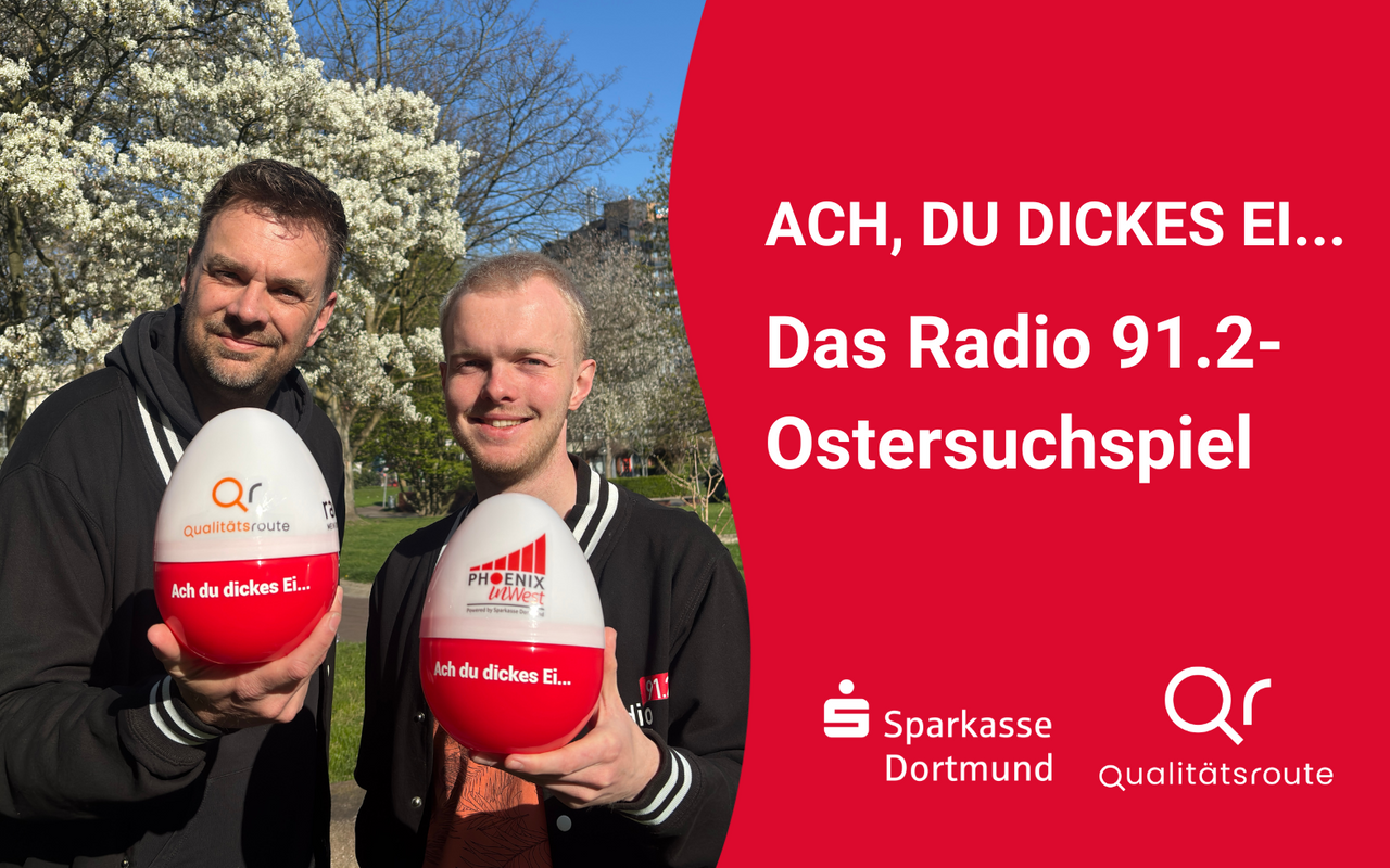 Guten Morgen Dortmund-Moderatoren Christopher Deppe und Tim Schmutzler mit dem Radio 91.2-Osterei.