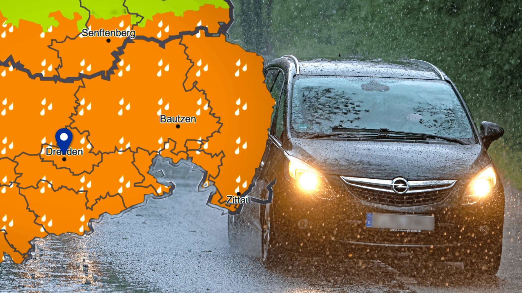 Auto unterwegs im Starkregen unterwegs (Symbolbild):