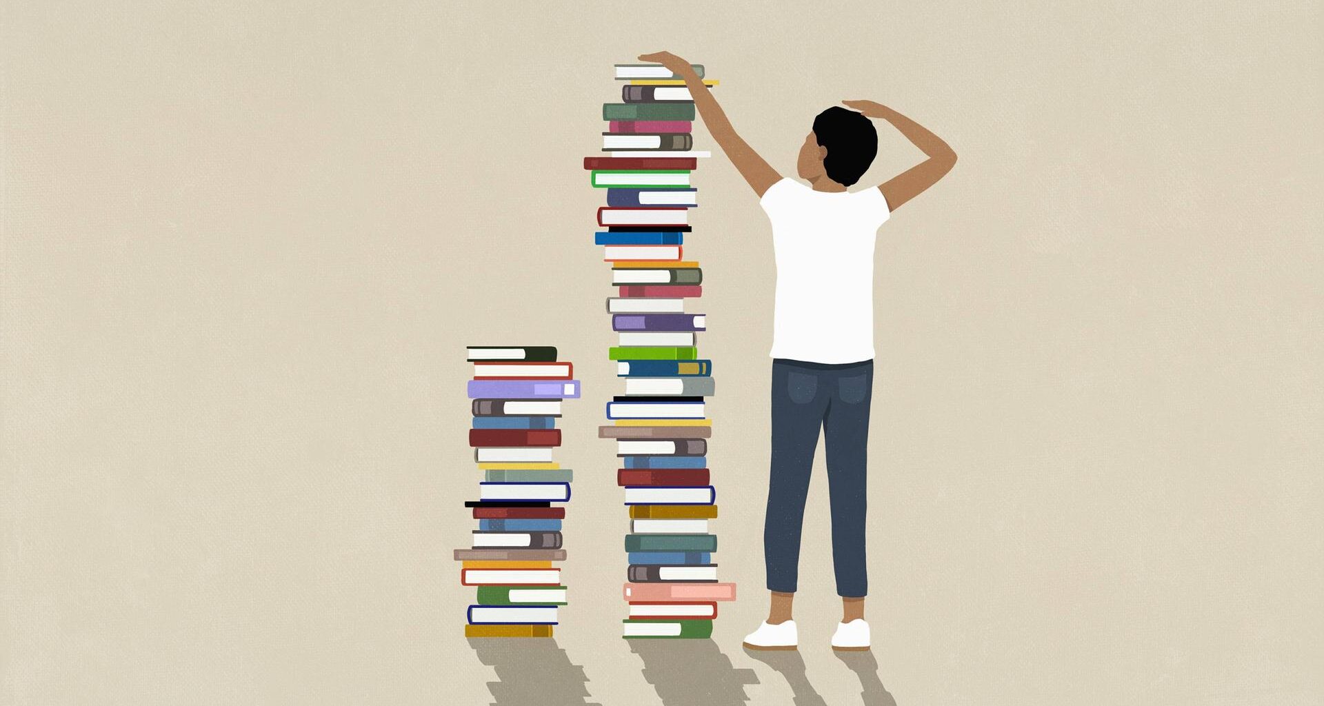 Illustration: Ein Mann steht neben zwei Bücherstapeln