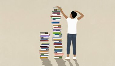 Illustration: Ein Mann steht neben zwei Bücherstapeln