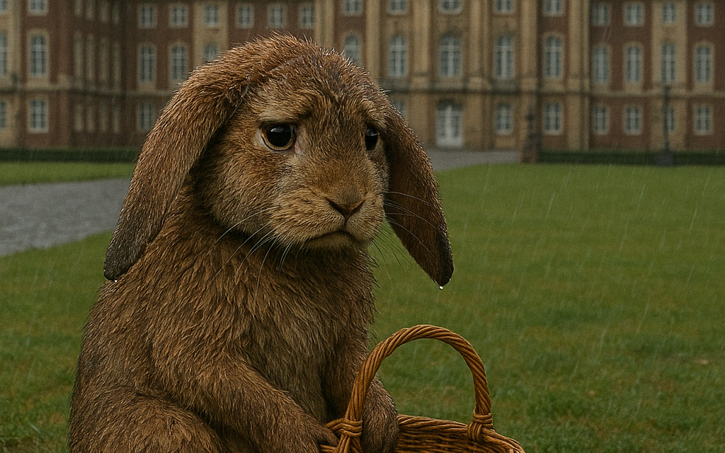 Ein großer Osterhase sitzt vor dem Münsteraner Schloss.