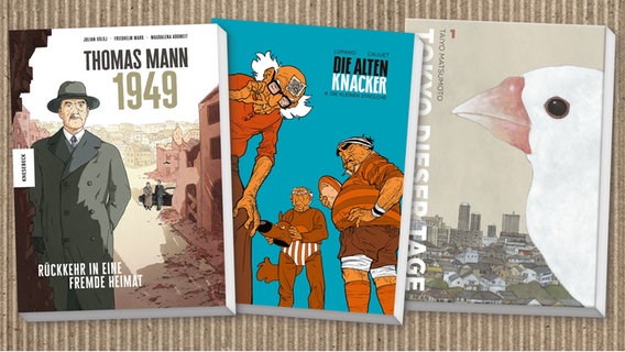 Cover: "Tokyo dieser Tage" von Taiyo Matsumoto und "Thomas Mann - 1949" von Julian Voloj, Friedhelm Marx, Magdalena Adomeit und "Die Alten Knacker - 8 Die kleinen Strolche" von Wilfrid Lupano, Paul Cauuet © Reprodukt, Knesebeck, Splitter 