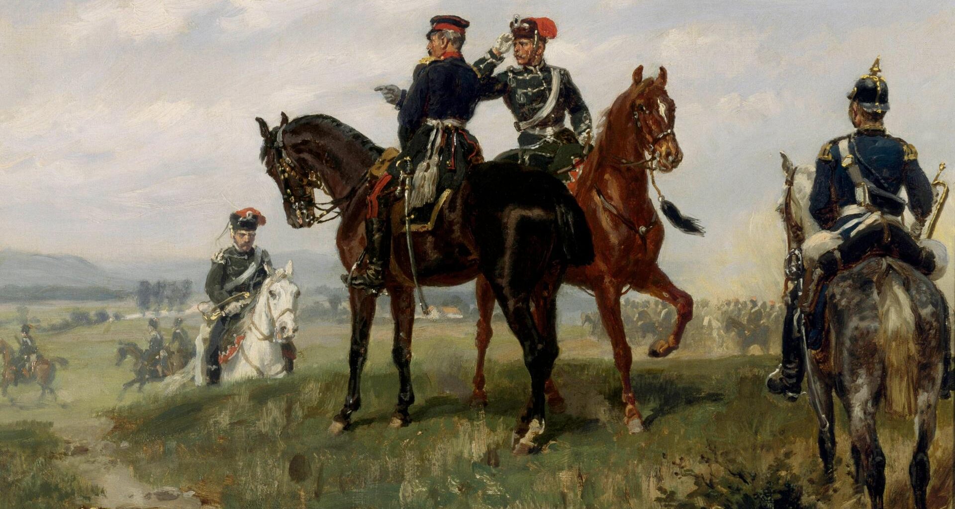 Historisches Ölgemälde von Soldaten zu Pferde im Deutsch-Französischen Krieg.