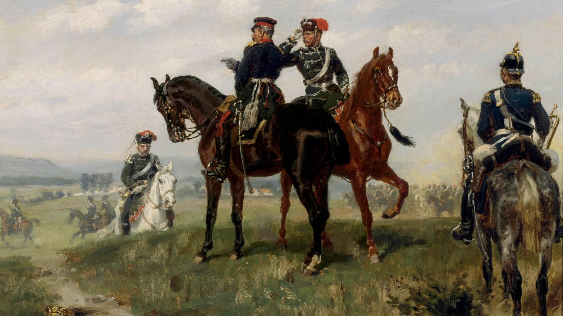 Historisches Ölgemälde von Soldaten zu Pferde im Deutsch-Französischen Krieg.