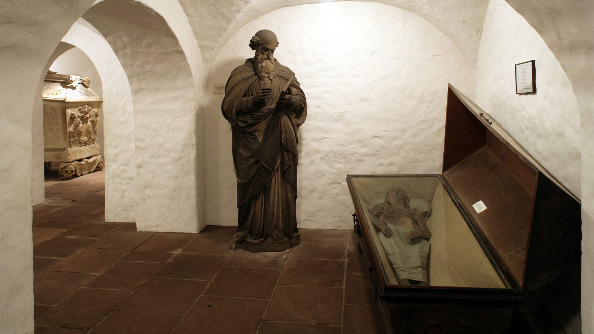Die Mumien liegen in offenen Särgen, unter Glasdeckeln.