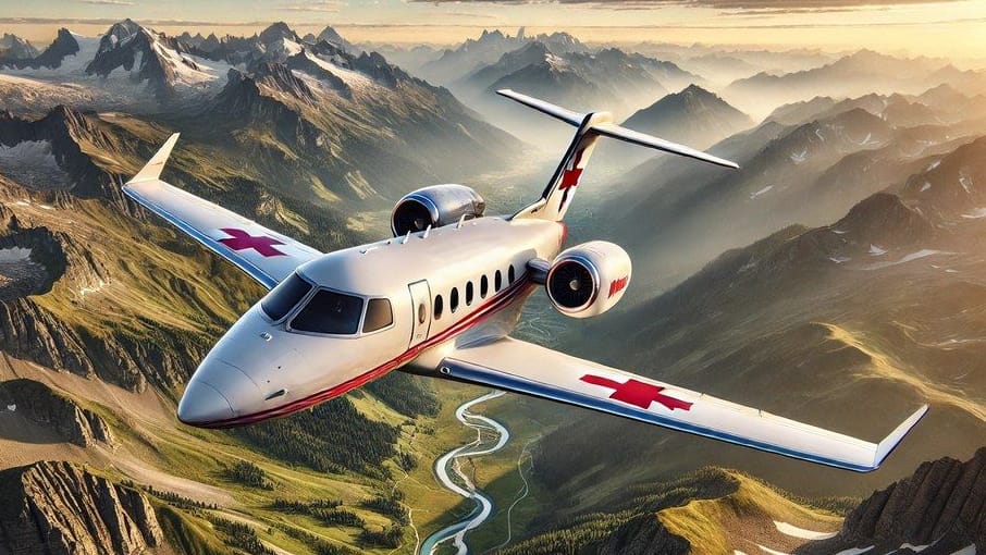 Entwurf für das Notfall-Flugzeug der Zukunft: Das durch Künstliche Intelligenz generierte Bild zeigt, wie ein Jet künftig aussehen könnte.