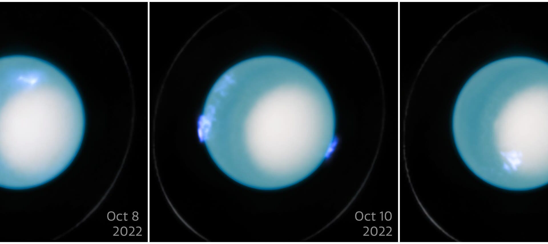 Drei nebeneinander angeordnete Bilder des Planeten Uranus, aufgenommen am 8., 10. und 24. Oktober 2022. Jedes Bild zeigt den Planeten mit einem hellen, weißen Zentrum und einem bläulichen Rand. Die Bilder zeigen leichte Veränderungen in der Atmosphäre des Planeten über die Zeit. Keine Menschen sind auf den Bildern zu sehen.