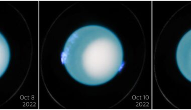 Drei nebeneinander angeordnete Bilder des Planeten Uranus, aufgenommen am 8., 10. und 24. Oktober 2022. Jedes Bild zeigt den Planeten mit einem hellen, weißen Zentrum und einem bläulichen Rand. Die Bilder zeigen leichte Veränderungen in der Atmosphäre des Planeten über die Zeit. Keine Menschen sind auf den Bildern zu sehen.