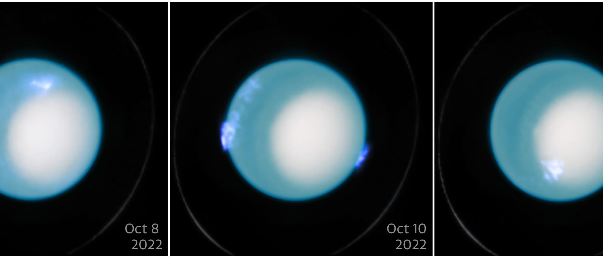 Drei nebeneinander angeordnete Bilder des Planeten Uranus, aufgenommen am 8., 10. und 24. Oktober 2022. Jedes Bild zeigt den Planeten mit einem hellen, weißen Zentrum und einem bläulichen Rand. Die Bilder zeigen leichte Veränderungen in der Atmosphäre des Planeten über die Zeit. Keine Menschen sind auf den Bildern zu sehen.