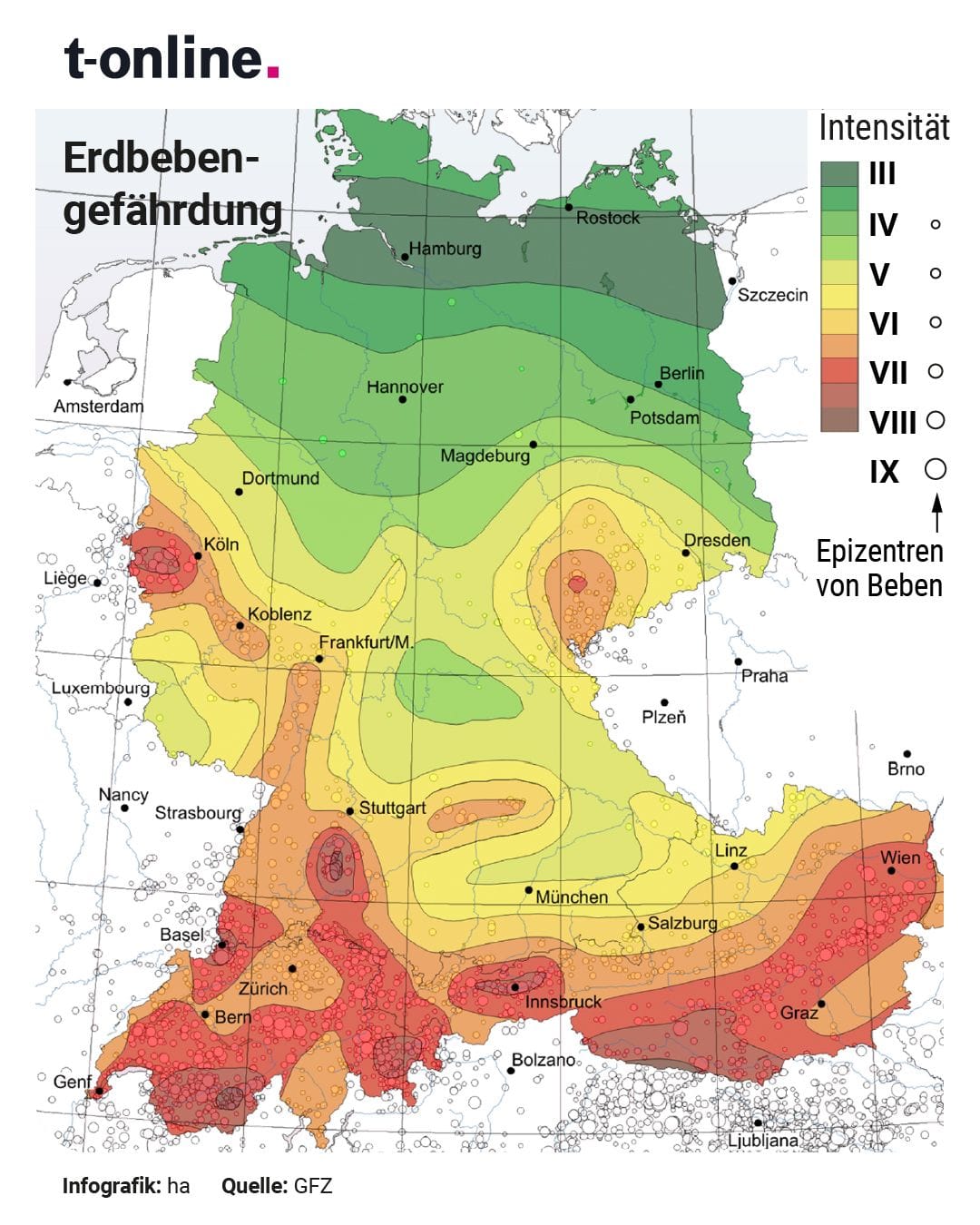 Die Karte zeigt die Erdbebengefährdung in Deutschland, Österreich und der Schweiz.