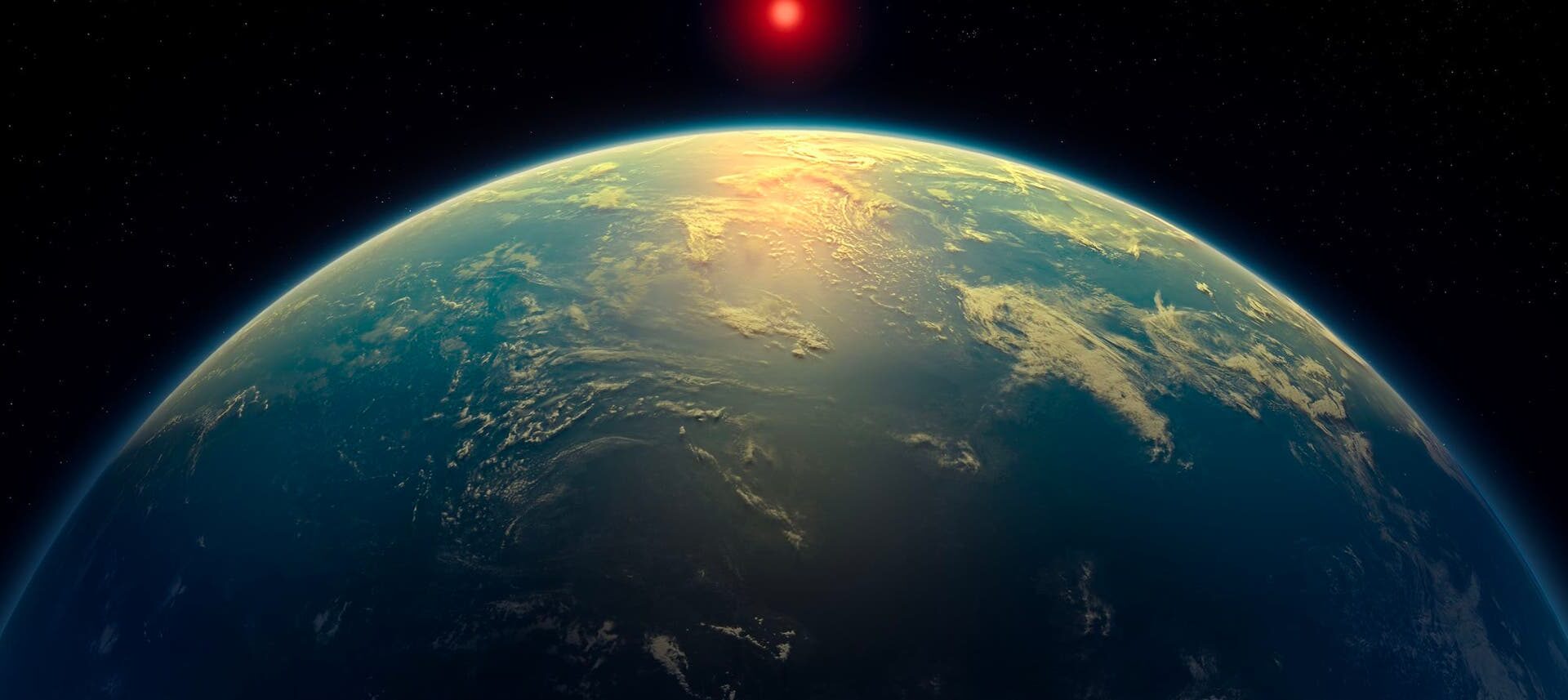 Blick auf die Erde aus dem Weltraum mit einer leuchtenden roten Sonne am Horizont. Die Erdoberfläche zeigt Ozeane und Wolkenformationen, die von Sonnenlicht beleuchtet werden. Der Hintergrund ist ein dunkler Sternenhimmel.