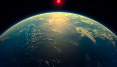 Blick auf die Erde aus dem Weltraum mit einer leuchtenden roten Sonne am Horizont. Die Erdoberfläche zeigt Ozeane und Wolkenformationen, die von Sonnenlicht beleuchtet werden. Der Hintergrund ist ein dunkler Sternenhimmel.