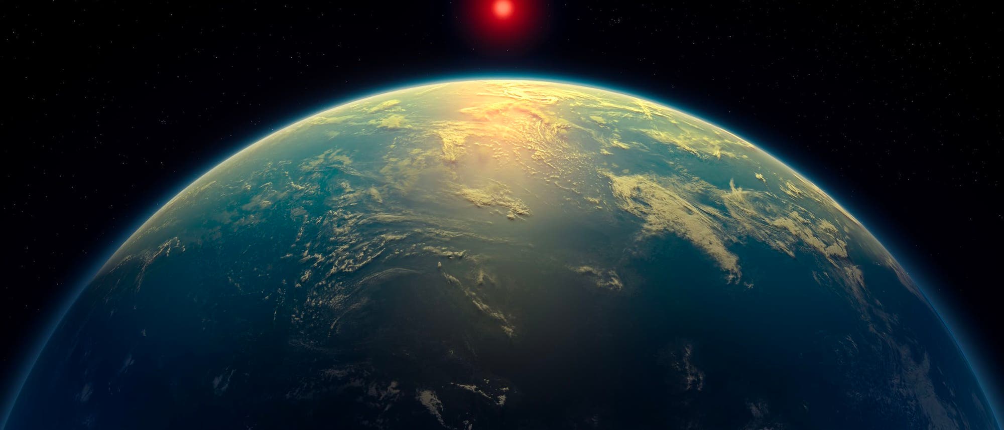 Blick auf die Erde aus dem Weltraum mit einer leuchtenden roten Sonne am Horizont. Die Erdoberfläche zeigt Ozeane und Wolkenformationen, die von Sonnenlicht beleuchtet werden. Der Hintergrund ist ein dunkler Sternenhimmel.