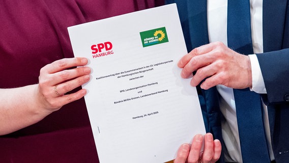 Katharina Fegebank (Grüne) und Peter Tschentscher (SPD) halten den neuen rot-grünen Koalitionsvertrag in den Händen. © picture alliance/dpa Foto: Daniel Bockwoldt