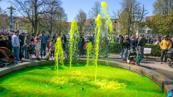 Gefärbtes Wasser – Was steckt hinter der Aktion?: Brunnen im Esslinger Maille-Park sprudelt giftgrün