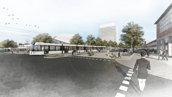 Computerzeichnungen zeigt ein geplantes Stadtbahn-Szenario. © Ramboll Studio Dreiseitl 