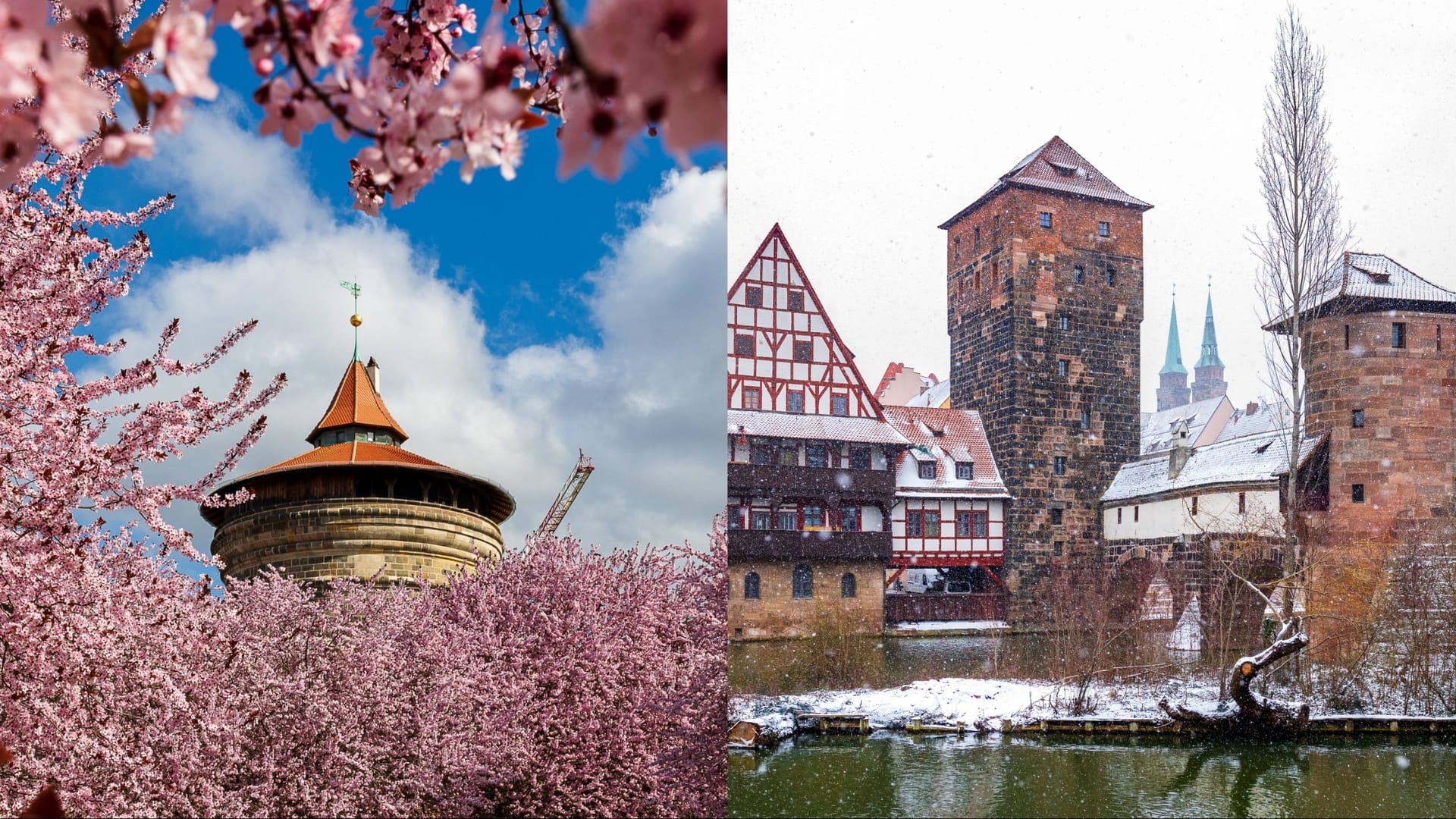Nürnberg im Frühling und im Schnee (Collage, Archivbilder): Auf frühlingshafte Tage folgen bitterkalte Nächte.