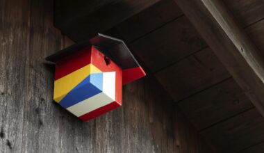 Ein Nistkasten für Vögel in den Farben der deutschen und französischen Nationalflagge hängt an unter einem hölzernen Dachgiebel.