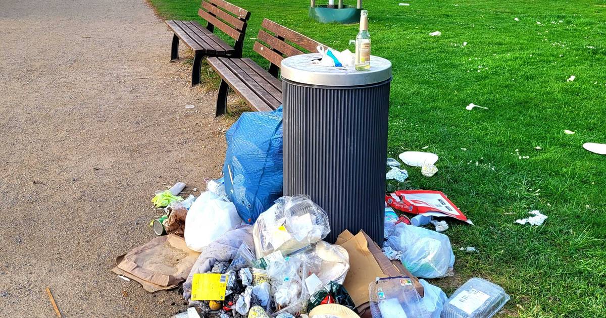 Müllberg im Rheinpark Golzheim trotz zusätzlicher Mülltonnen