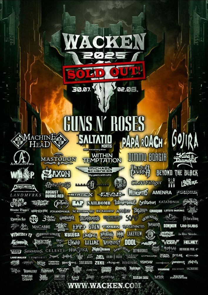 Eine Übersicht über alle Stand Ostern 2025 für das Wacken Open Air 2025 bestätigten Bands mit Wacken Logo, Bandlogos und Termin-Angaben