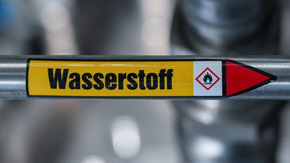 Ein Schild auf einer Rohrleitung: "Wasserstoff" © dpa Foto: Uwe Zucchi