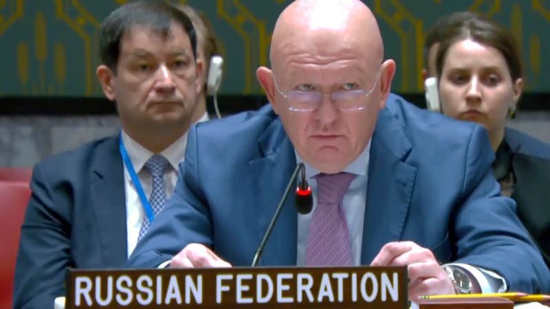 Wassili Nebensja, Ständiger Vertreter von Russland bei den Vereinten Nationen, spricht vor dem UN-Sicherheitsrat.