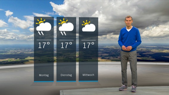 NDR Moderator Meeno Schrader steht im Studio mit der Wettervorhersage. © NDR 
