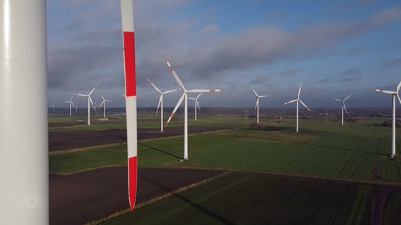 Zahlreiche Windräder mit Rot-Weißen Rotorblättern stehen auf offener Fläche. © NDR Screenshot 