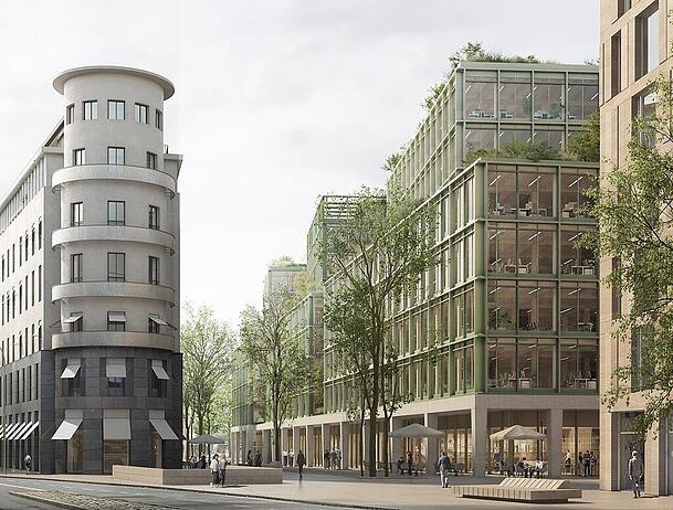 Einen siebengeschossigen Neubau (r.)  wollte die Signa an der Schützenstraße bauen. Stattdessen verwahrlost dort ein leerer Karstadt-Bau aus den 70ern.