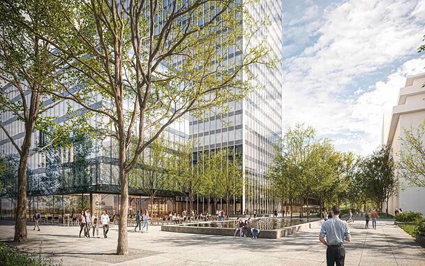 So könnte es einmal aussehen: ein Quartiersplatz mit Wasserbecken, der Nordanbau und ein Café. Doch Architekturexperten halten die Planungen für die Neubauten für zu hoch.