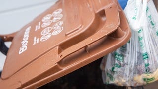 Ab Mai muss Biomüll bundesweit besser getrennt werden - auch in Pirmasens. Ein Biomüllbeutel wird in eine Mülltonne geworfen.