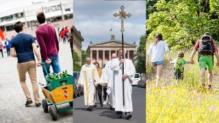 Collage: Männer mit Alkoholbeladenem Bollerwagen - Himmelfahrtsprozession in Berlin - Familienausflug ins Grüne.(Quelle: picture alliance/ Moritz Frankenberg/IMAGO/picture alliance/Hans Huber)