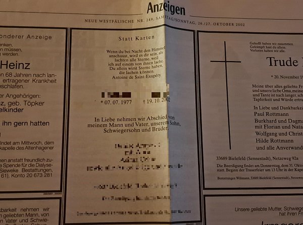 In der "Neuen Westfälischen" wurde 2002 eine Todesanzeige für Gideon A. geschaltet. - © Privat