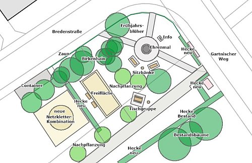 So wie auf dieser Skizze könnte der Platz an der Ecke Gartnischer Weg/Bredenstraße zukünftig aussehen. - © Stadt Halle