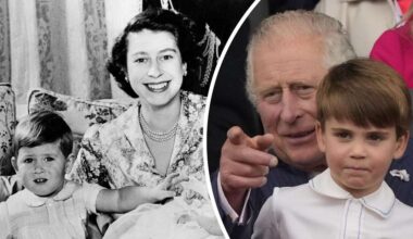 König Charles III. als liebevoller Großvater mit fünf Enkelkindern (hier: Prinz Louis) und als kleiner Junge mit seiner Mutter Queen Elizabeth II.