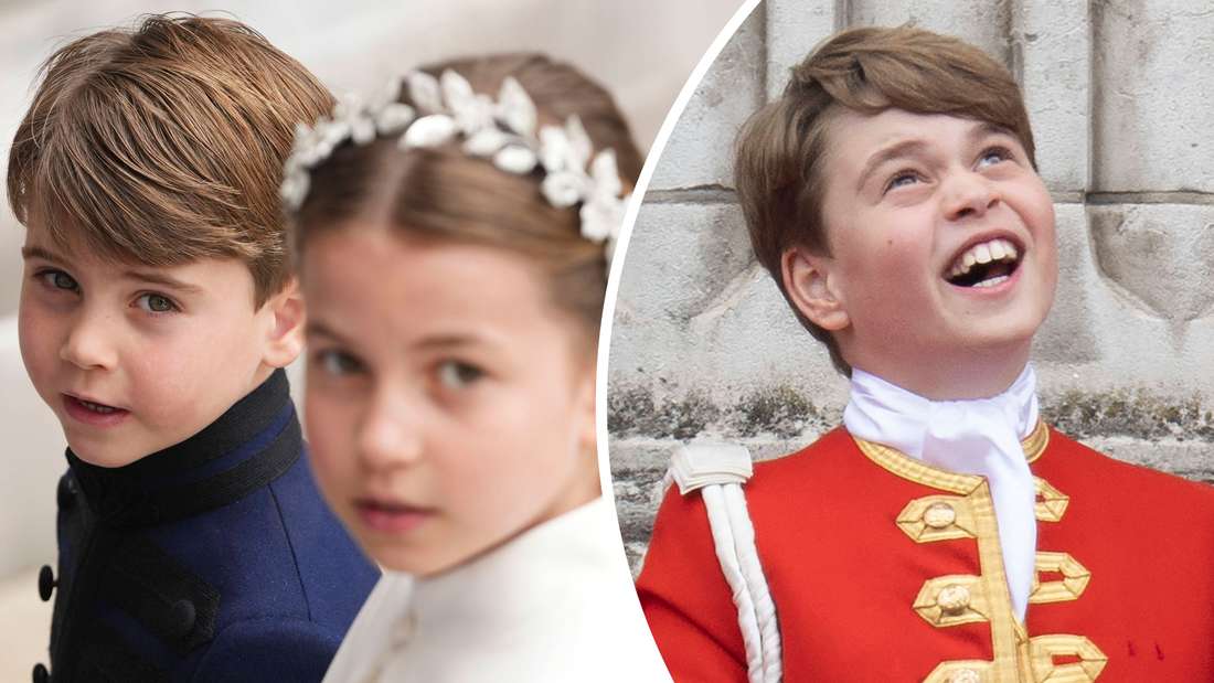 Prinz Louis und Prinzessin Charlotte in der Westminster Abbey, Prinz George nach der Krönung von König Charles auf dem Balkon des Buckingham-Palasts.