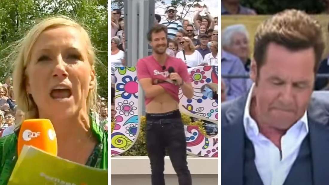 Andrea Kiewel schimpft 2019 im ZDF-Fernsehgarten über Luke Mockridge. Luke Mockridge sorgt mit seinem Auftritt im Fernsehgarten für einen Skandal. Roland Kaiser wird 2012 von Fernsehgarten-Zuschauern unterbrochen (Fotomontage)