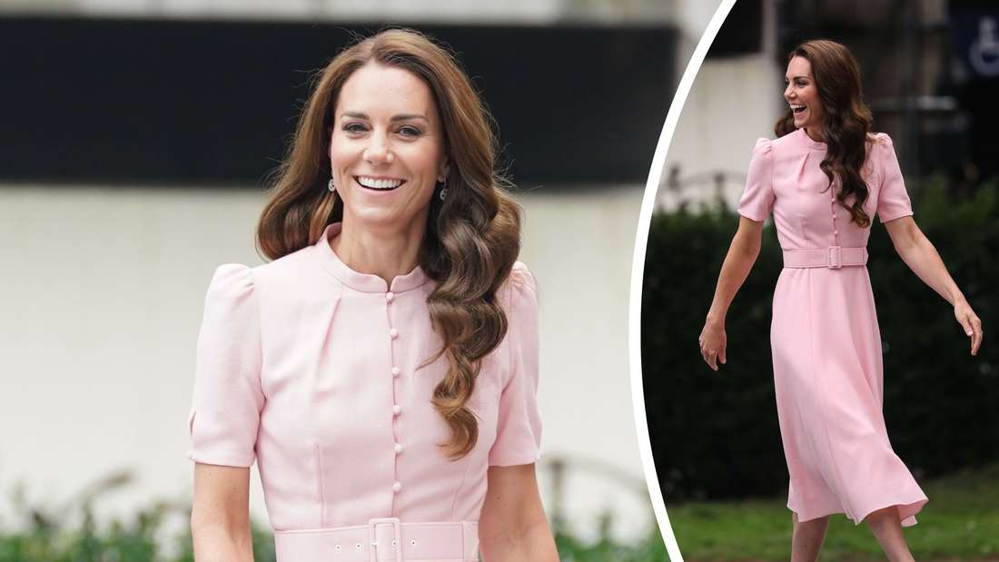 Für den Museumsbesuch im Royal Albert Museum trug Prinzessin Kate ein zartrosanes Ahana-Kleid von Beulah London mit kurzen Ärmeln, weitem Rock und Taillengürtel - bei einem Besuch in Wimbledon im Jahr 2021 hatte Kate das Dress schon mal getragen. 