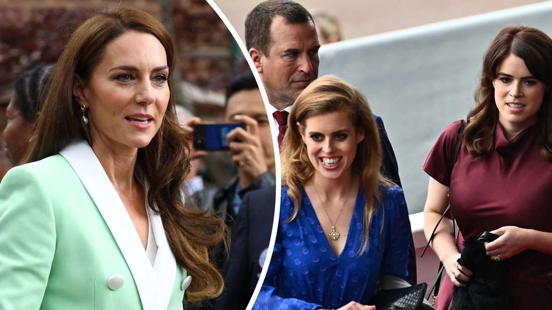 Kate Middleton (li.) hat zwar genug zu tun, aber genaugenommen keinen vergleichbaren Job wie Prinzessin Beatrice (in blau), Prinzessin Eugenie (re.) oder Peter Phillips (Fotomontage). 