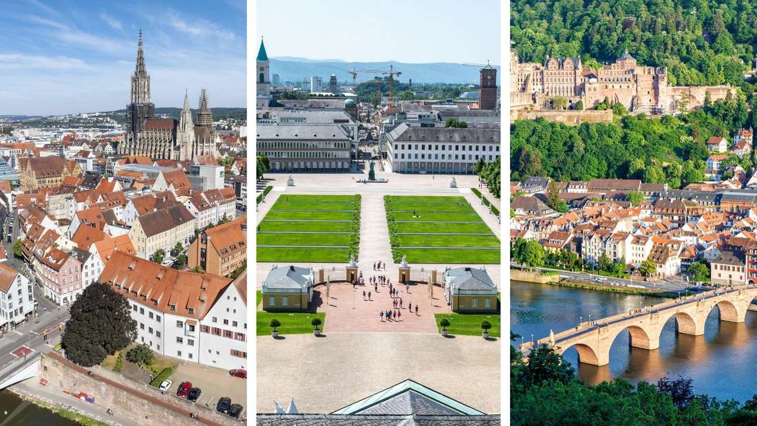 (v.l.) Stadtpanorama der Städte Ulm, Karlsruhe und Heidelberg.