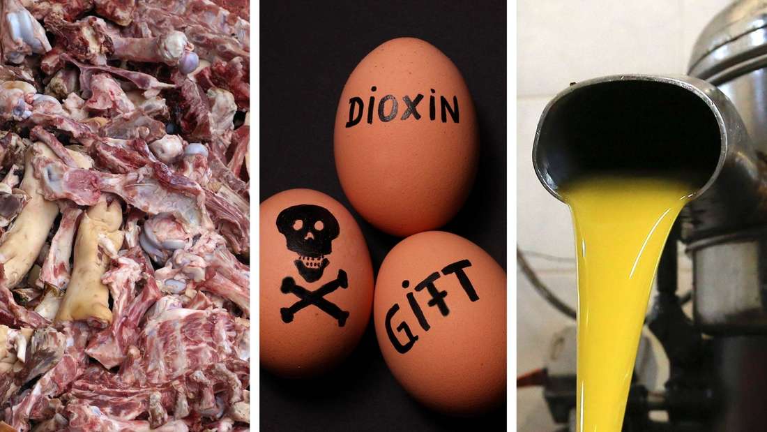 Collage Lebensmittelskandale, Gammelfleisch, Eier mit Dioxin, Olivenöl (v.l.)