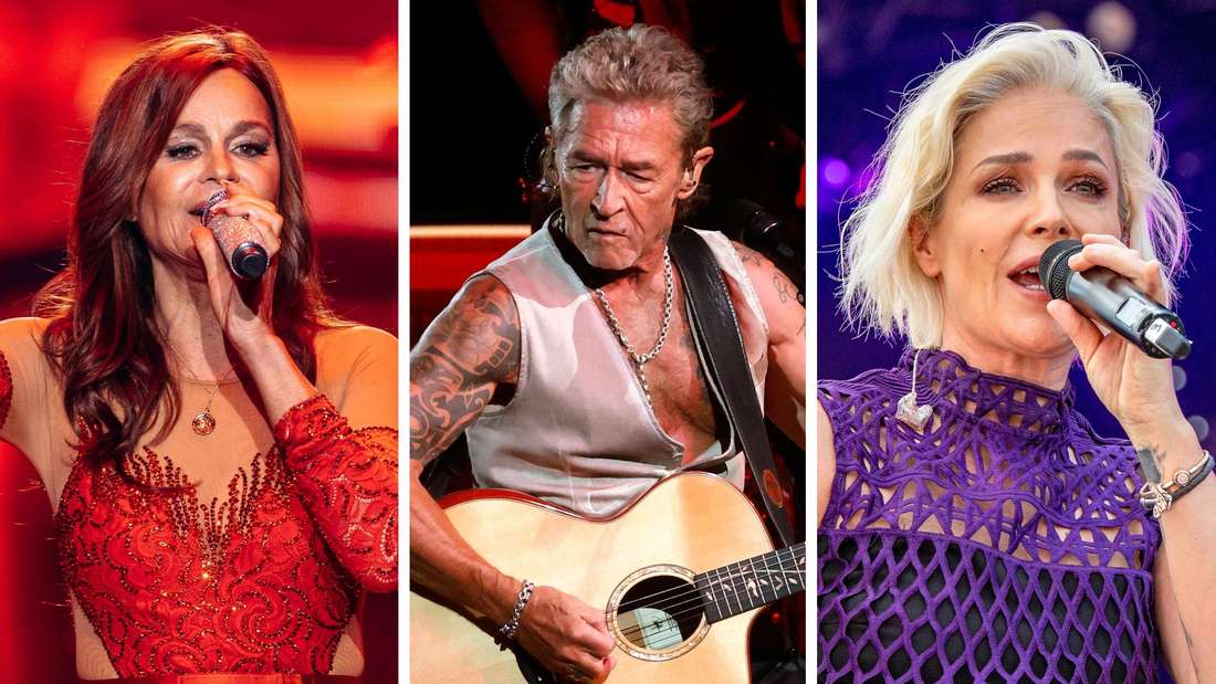 Andrea Berg im roten Glitzerkleid auf der Bühne. Peter Maffay mit Gitarre. Close-up von Michelle mit Mikro auf der Bühne (Fotomontage)