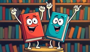 Zwei Bücher feiern mit lachenden Gesichtern (Montage)