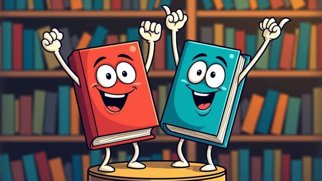 Zwei Bücher feiern mit lachenden Gesichtern (Montage)