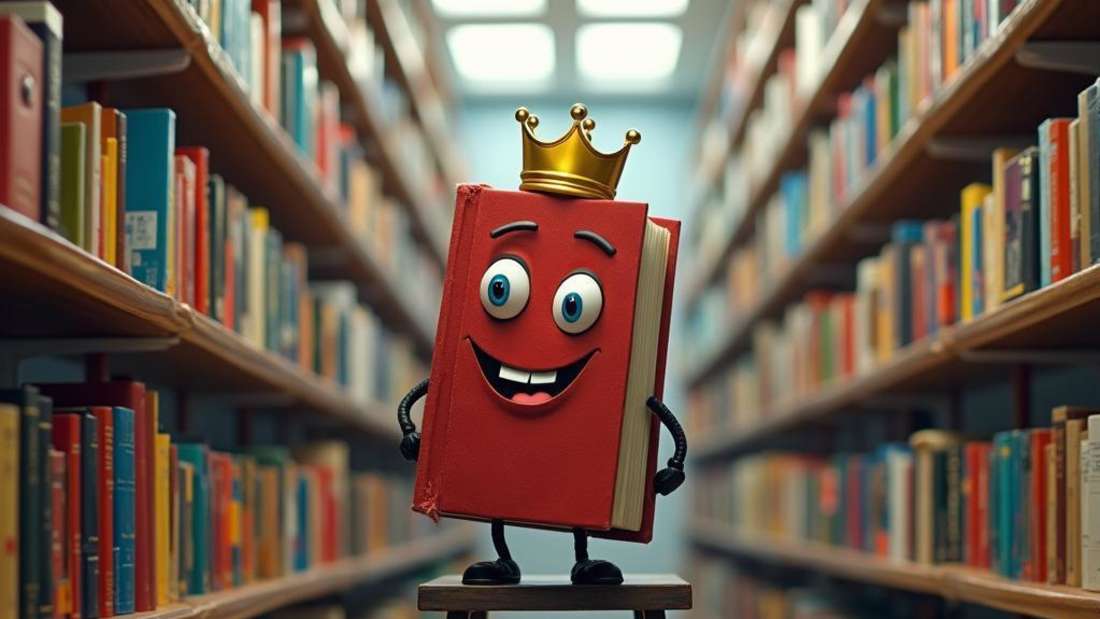 Ein Buch mit einer Krone steht auf einer Leiter zwischen Bücherwänden (Montage)