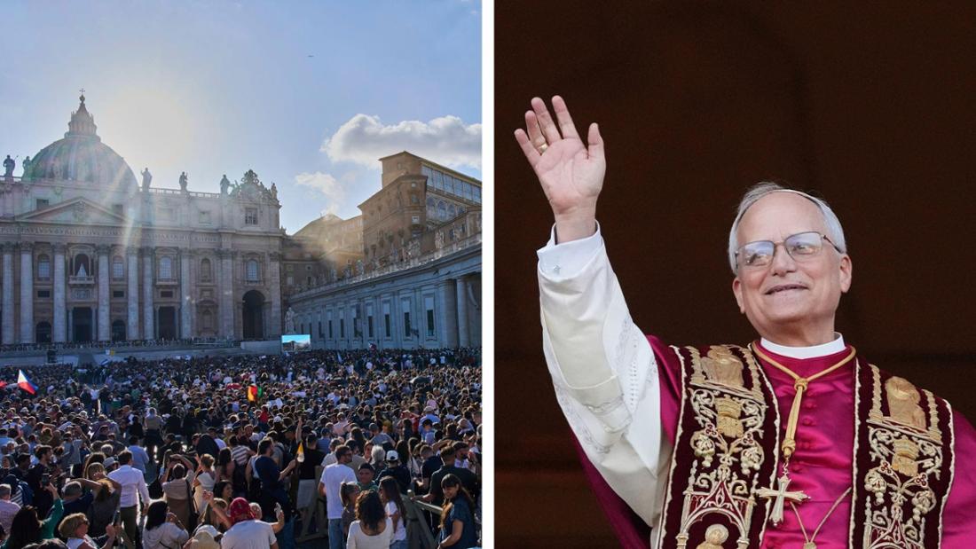 Der neu gewählte Papst Leo XIV. winkt nach dem Konklave auf dem Balkon des Petersdoms im Vatikan. 
