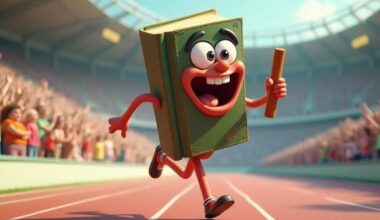 Ein Buch läuft über die Ziellinie mit einem Staffelstab in der Hand (Montage)