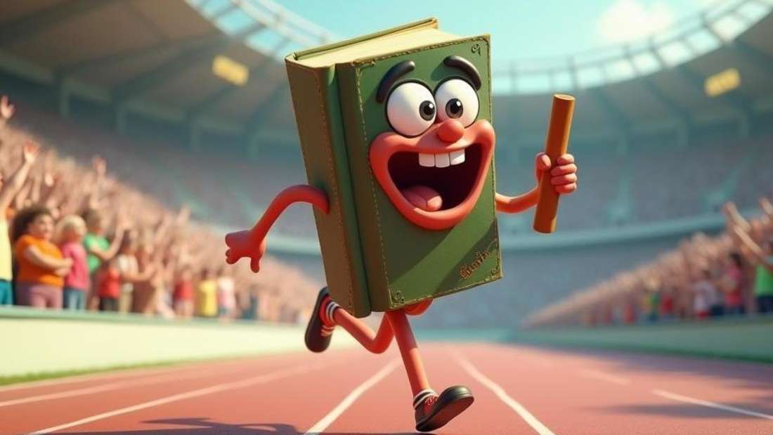 Ein Buch läuft über die Ziellinie mit einem Staffelstab in der Hand (Montage)